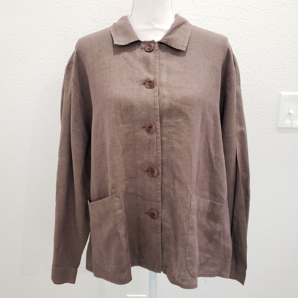 FLAX Brown Button Down Lightweight Linen Jacket Size Medium - Picture 1 of 8